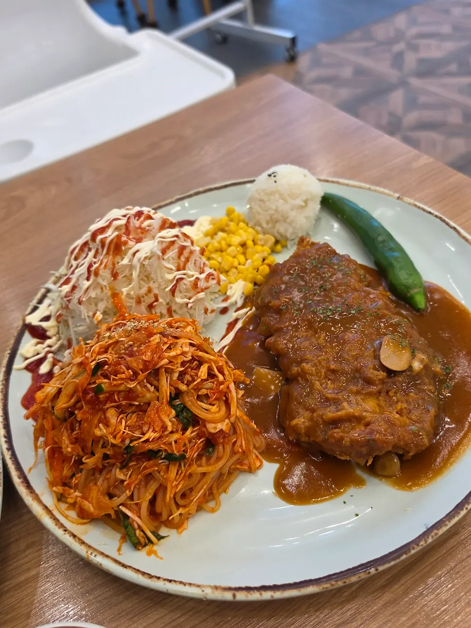 Plate of cheese-waterfall pork cutlet