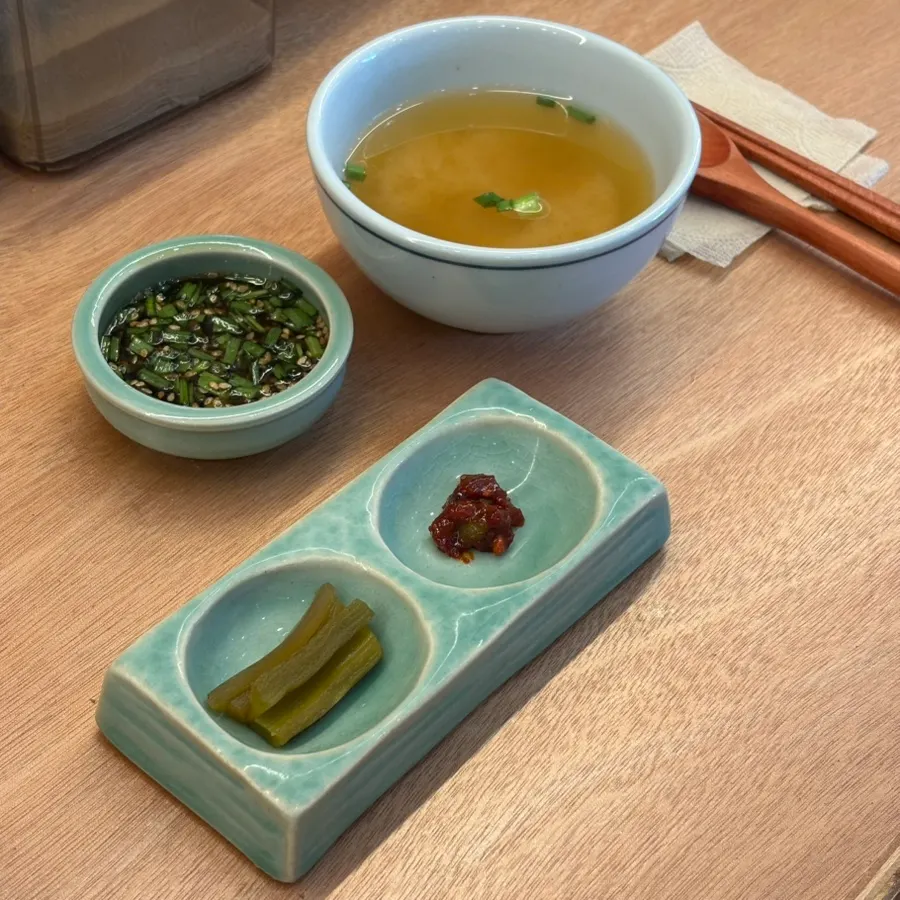 Kelp vinegar sauce served with the eggplant doenjang rice bowl