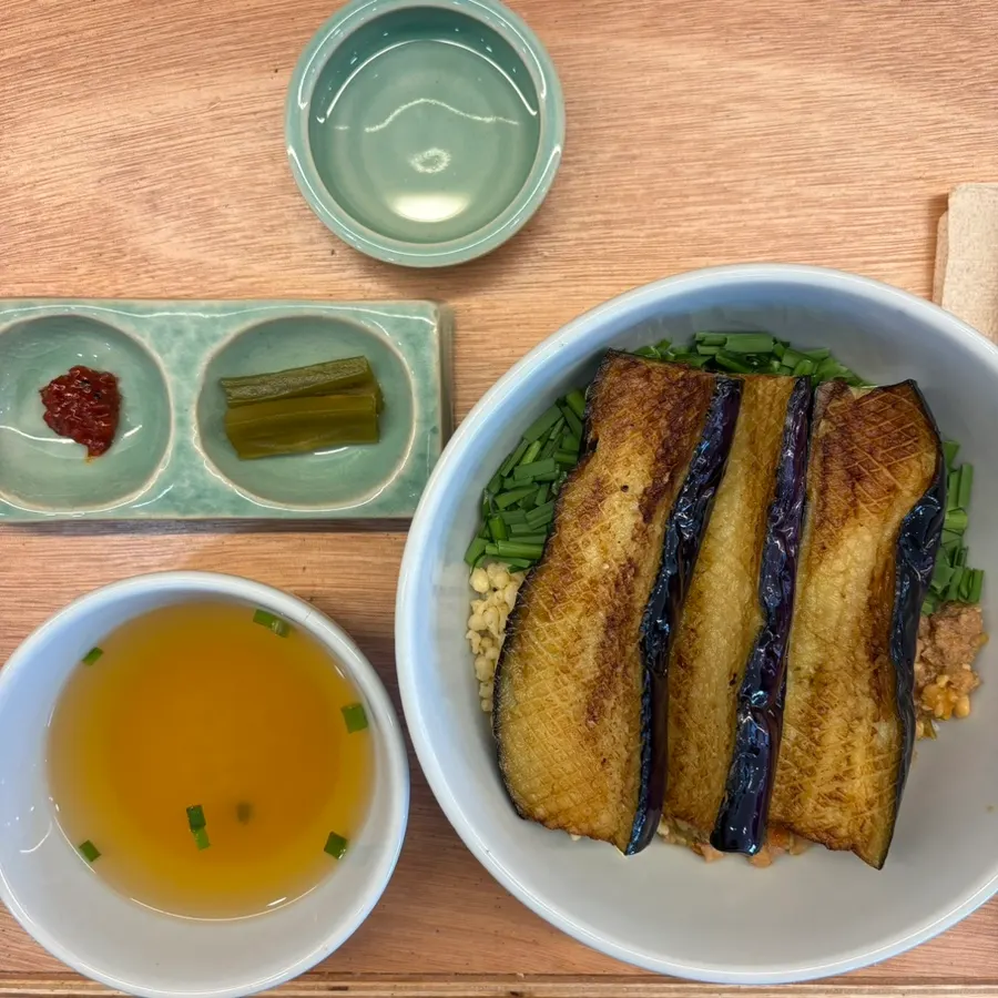 Eggplant doenjang rice bowl topped with soft eggplant