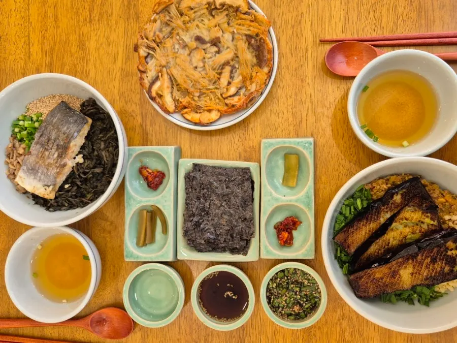 Table set with mackerel gondre rice and eggplant doenjang rice bowl