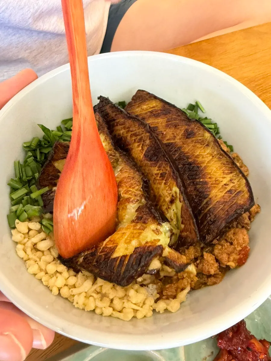 Eggplant doenjang rice bowl with kelp vinegar added
