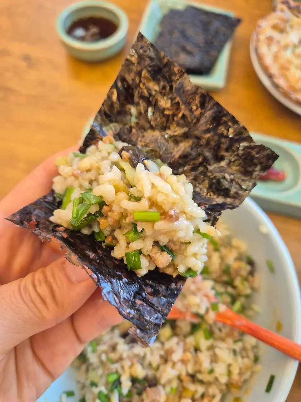 Gopchang gim and bibim jeotgal served on the side