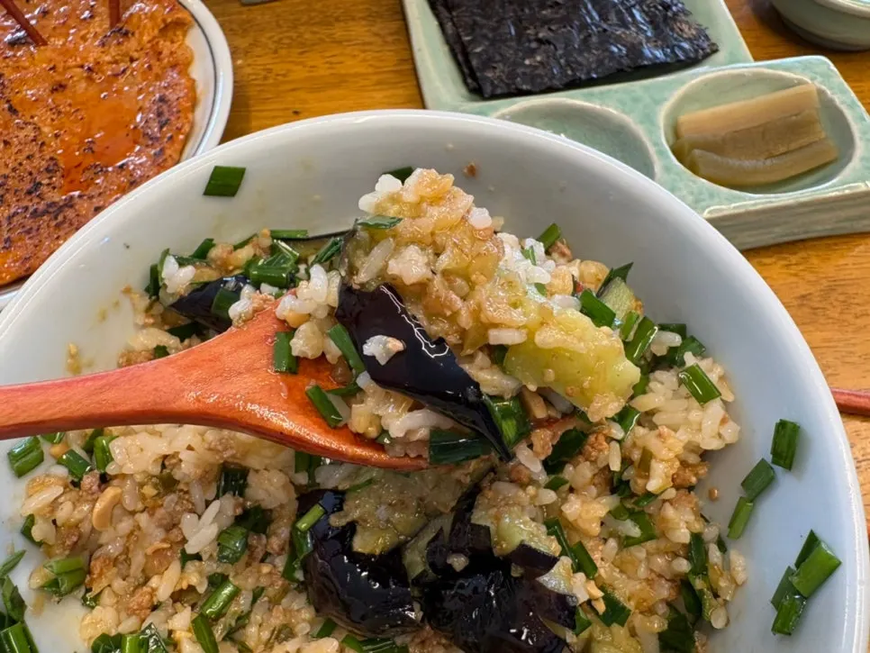 Close-up of mixed eggplant doenjang bowl