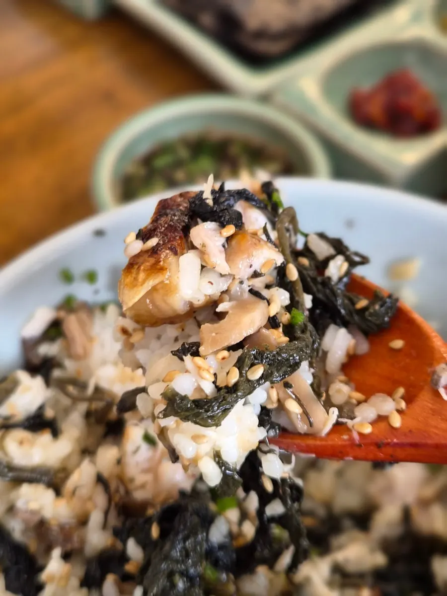 Mackerel gondre rice mixed together with gondre greens