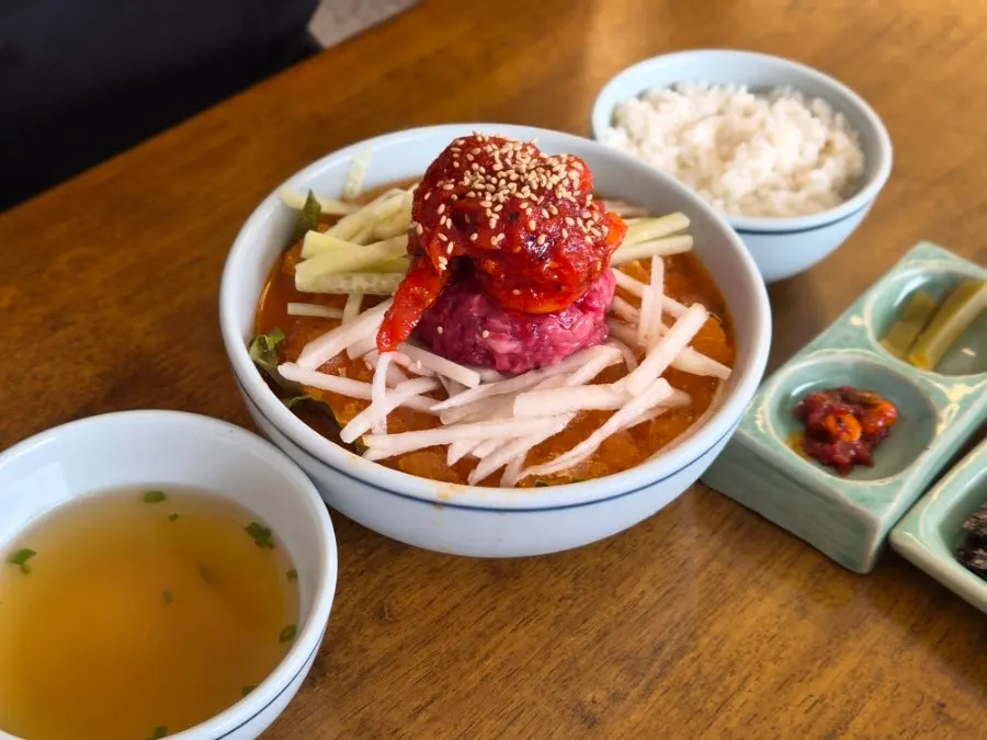 Eggplant doenjang rice bowl mixed with the doenjang sauce