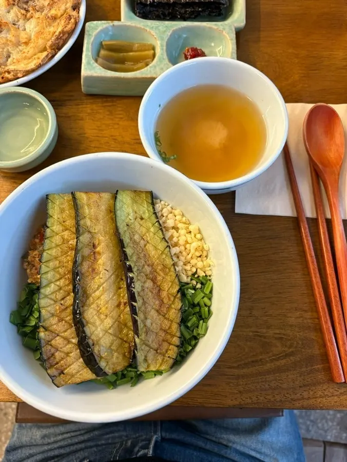 Full table setting with eggplant doenjang rice bowl at Hyangtaek Daebong Branch