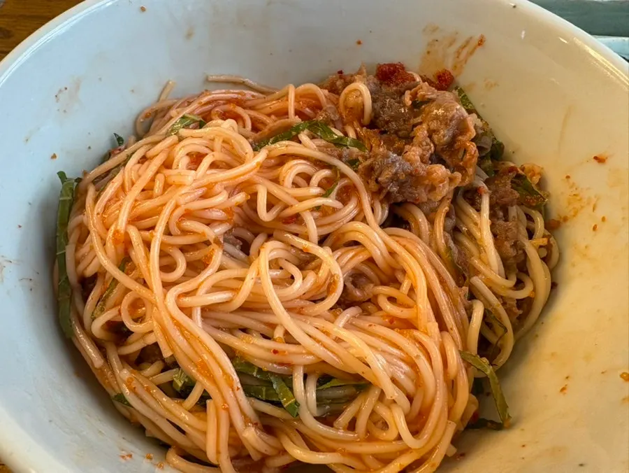 Herring roe bibim noodles fully mixed together