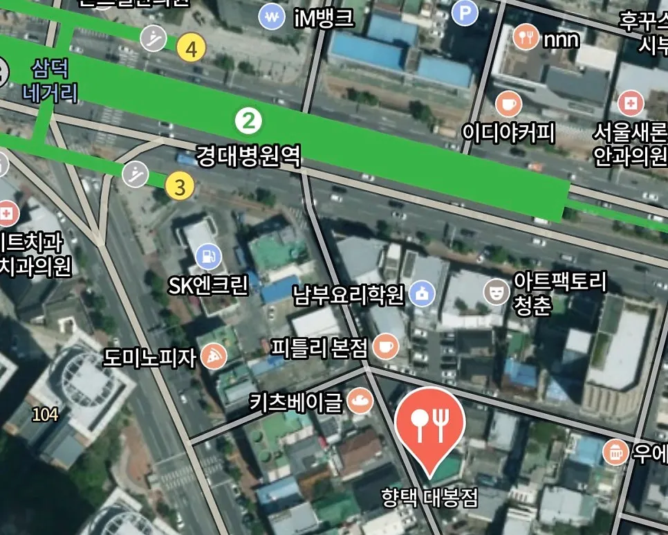 Route to Hyangtaek Daebong Branch from Exit 3 of Gyeongbuk University Hospital Station