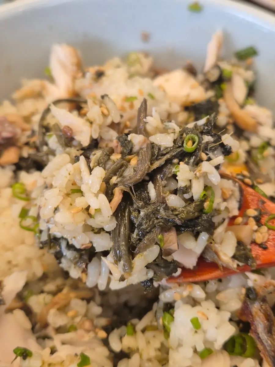 A bite combining deodeok and mushrooms