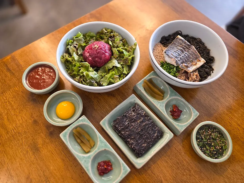Full spread of mackerel gondre rice and yukhoe bibimbap