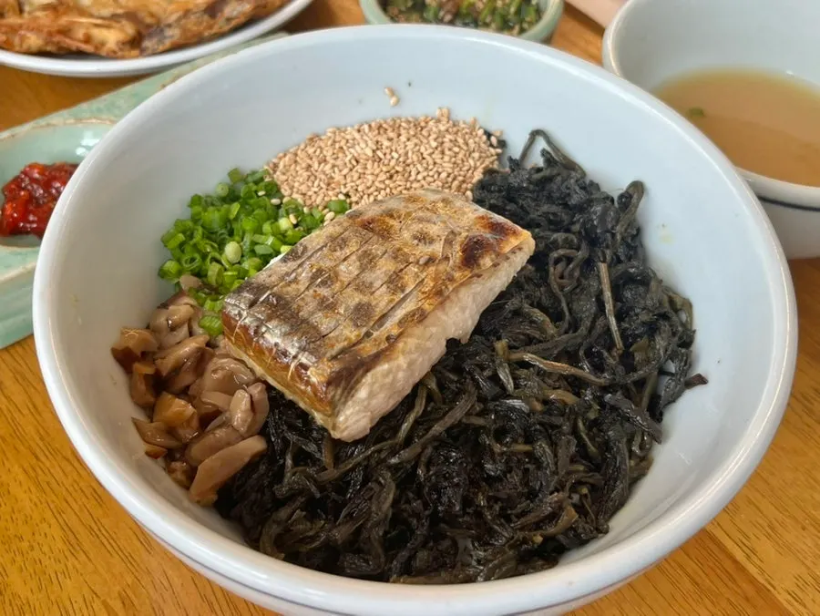 Table set with mackerel gondre rice and eggplant doenjang rice bowl