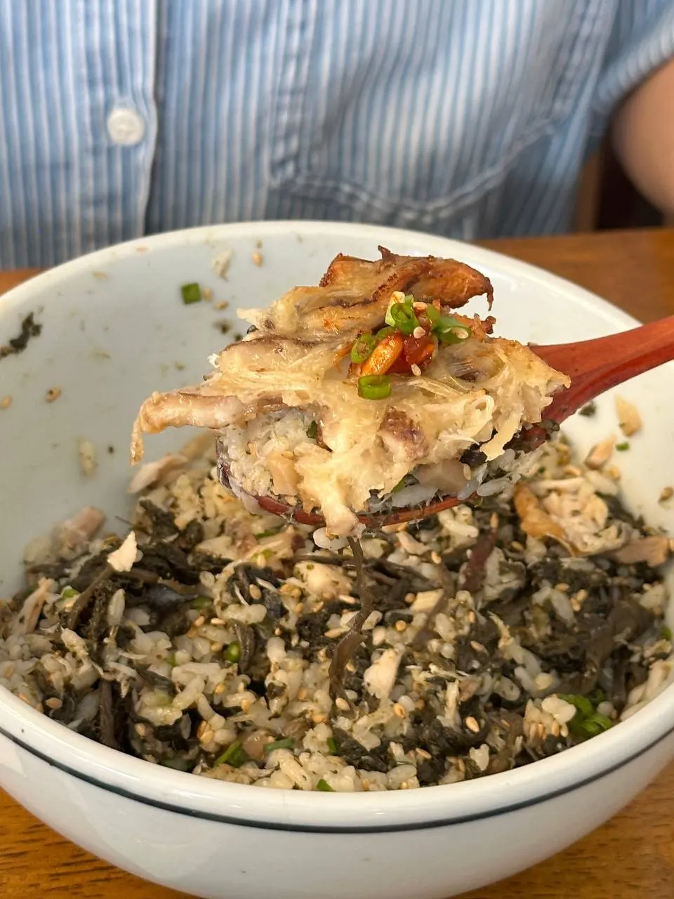 Close-up of thick mackerel on gondre rice