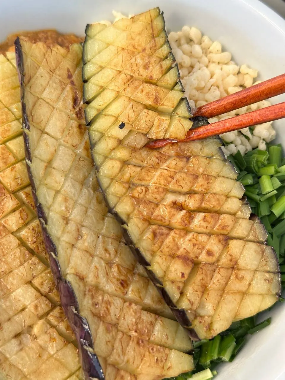 Close-up of eggplant doenjang rice bowl
