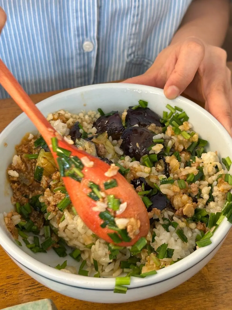 Eggplant doenjang rice bowl mixed together