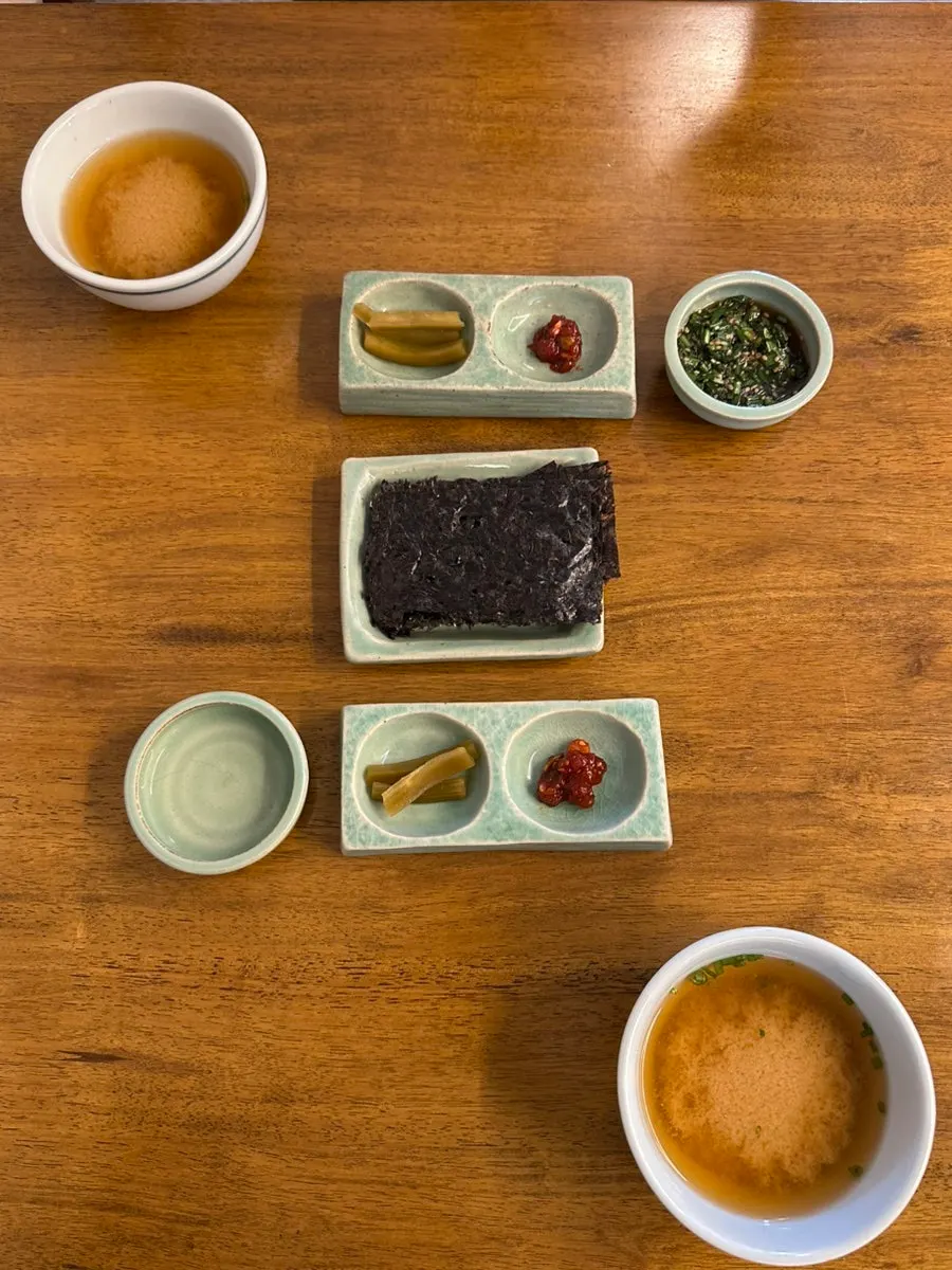 Table set with doenjang soup and basic side dishes