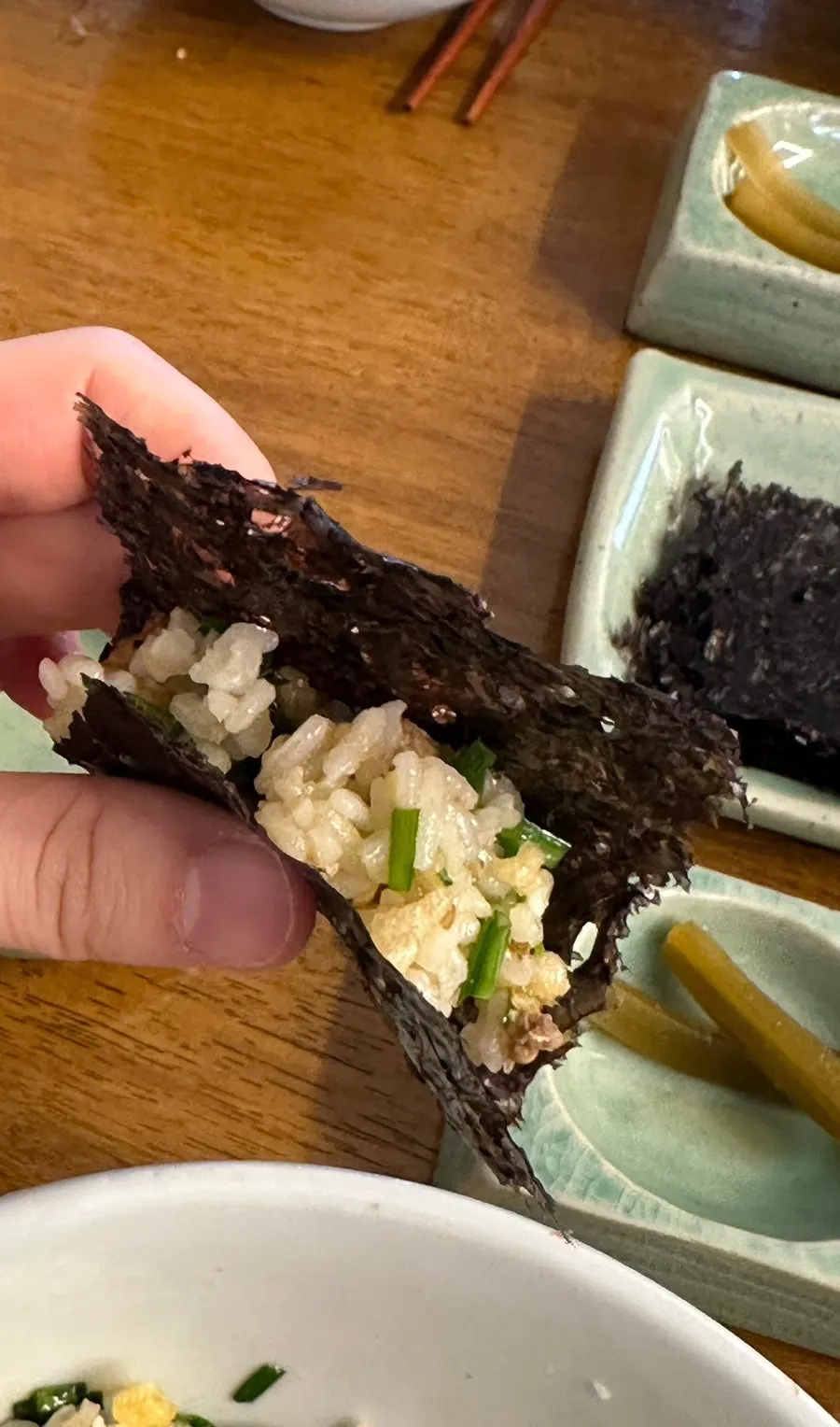 Eggplant doenjang rice bowl eaten wrapped in roasted gim