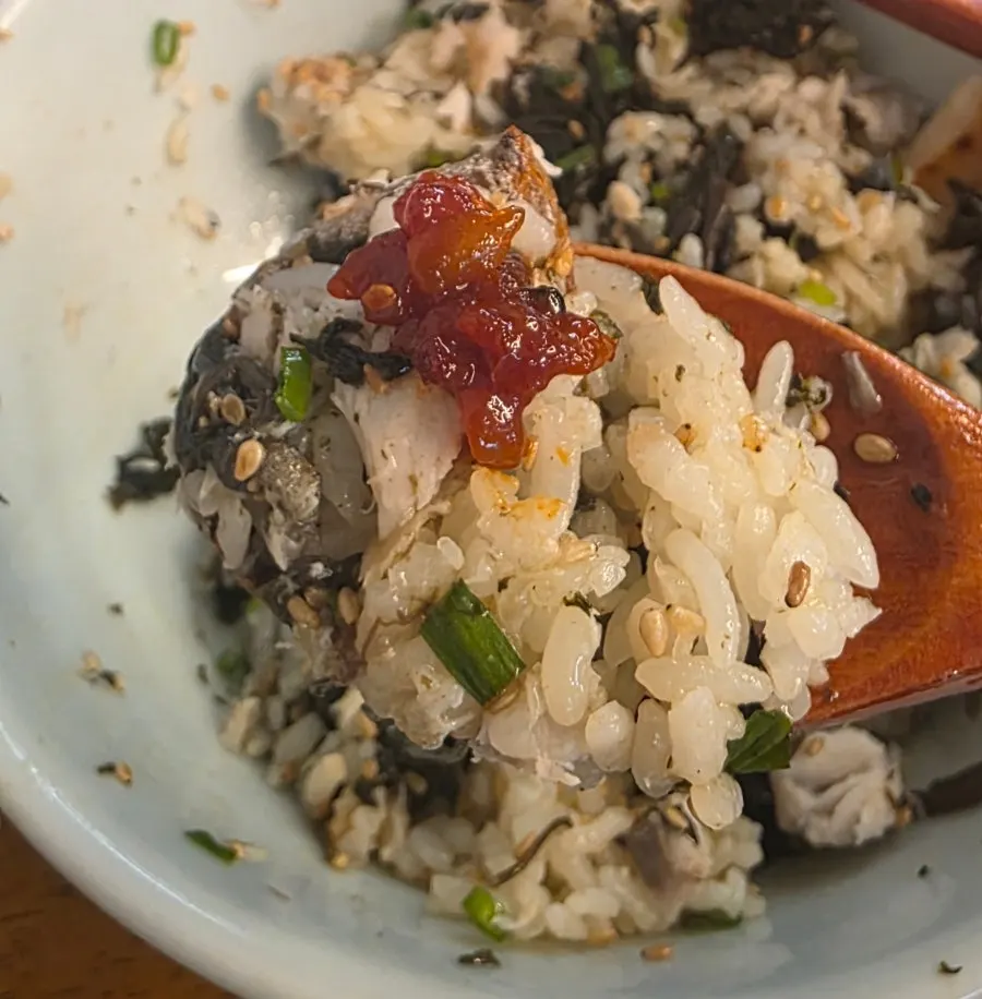 A spoonful of gondre rice with mackerel and seed jeotgal
