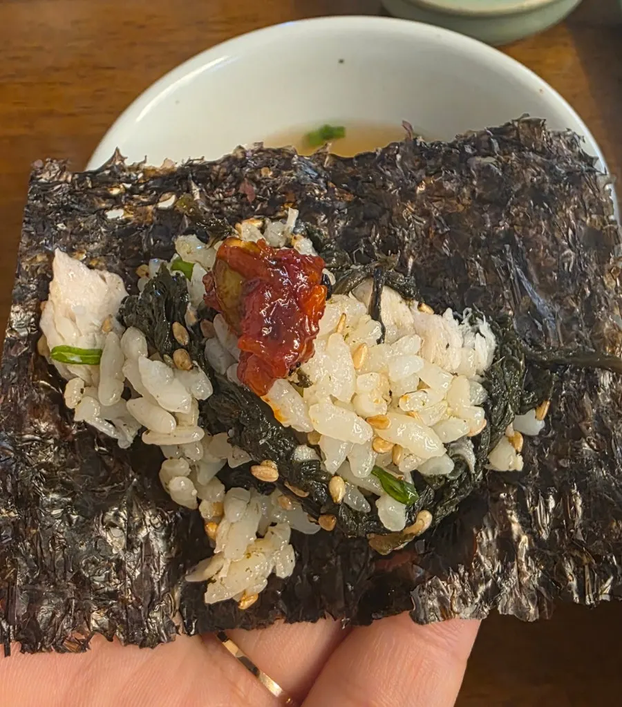 Rice wrapped in gim with seed jeotgal
