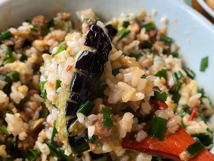 A spoonful of grilled eggplant with rice