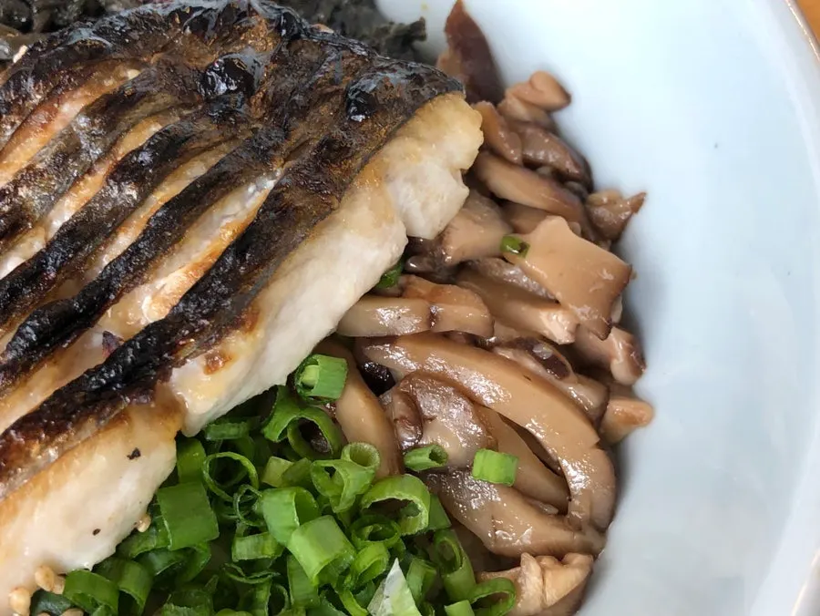 Close-up of the bowl piled generously with eggplant