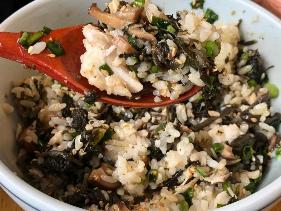 A spoonful of gondre rice with mackerel together