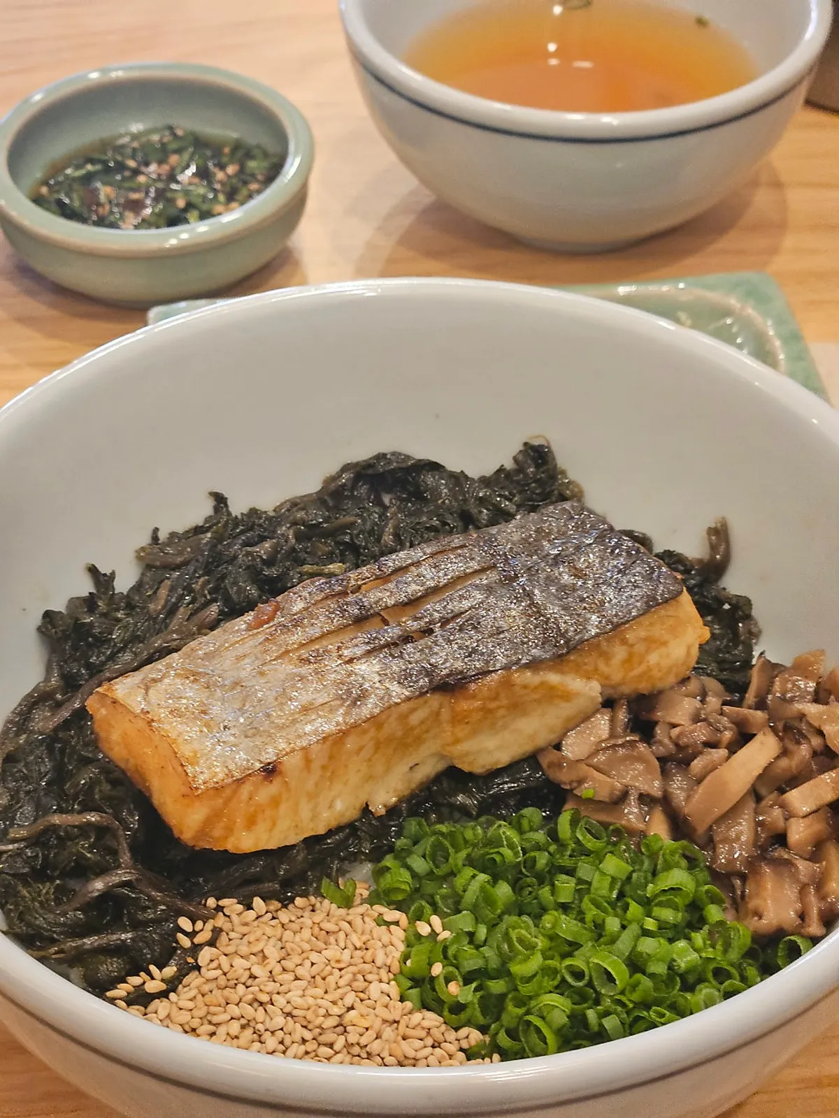A full spread of Hyangtaek's mackerel gondre rice