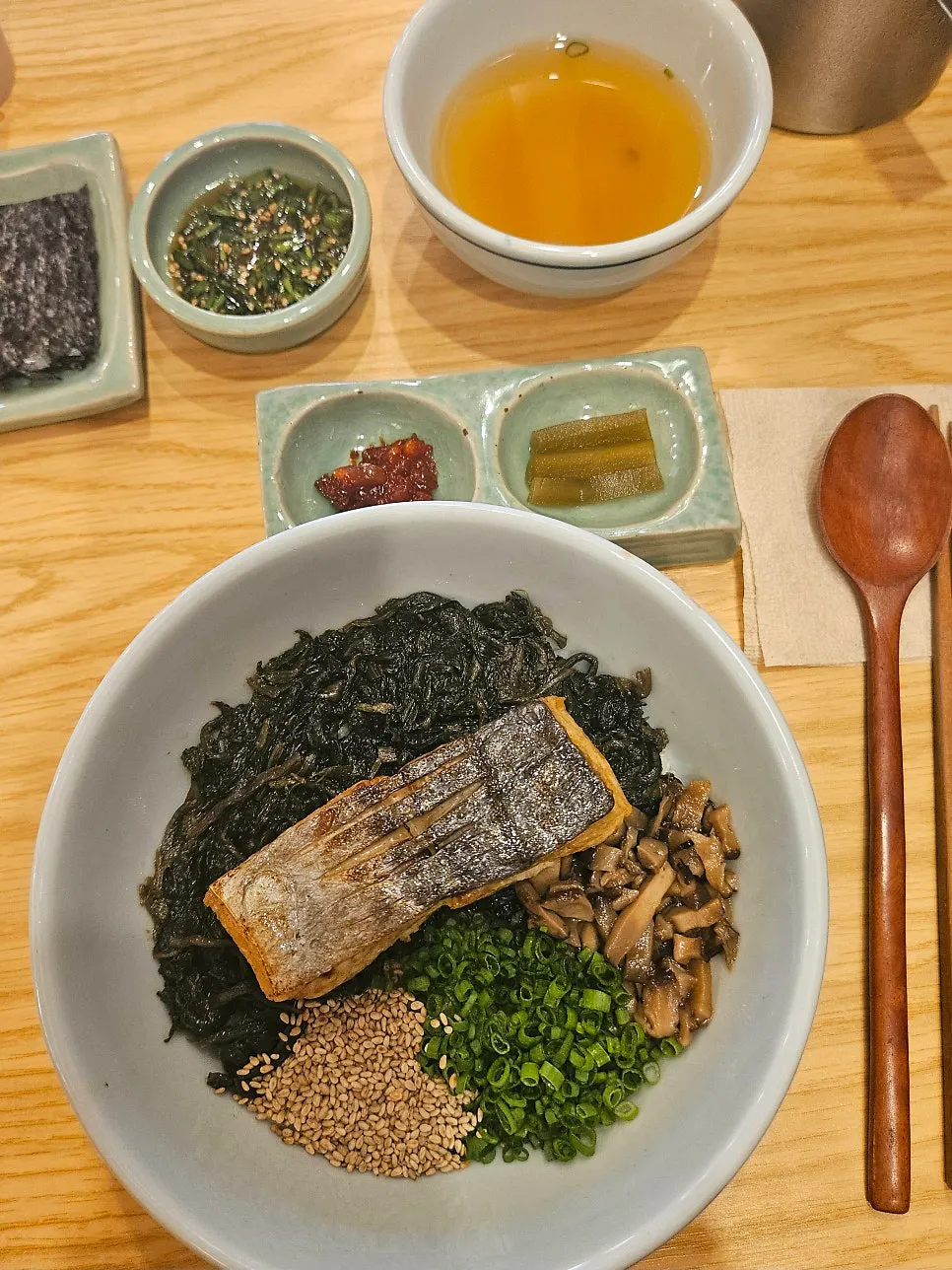 Mackerel gondre rice topped with gondre greens and pickled shiitake
