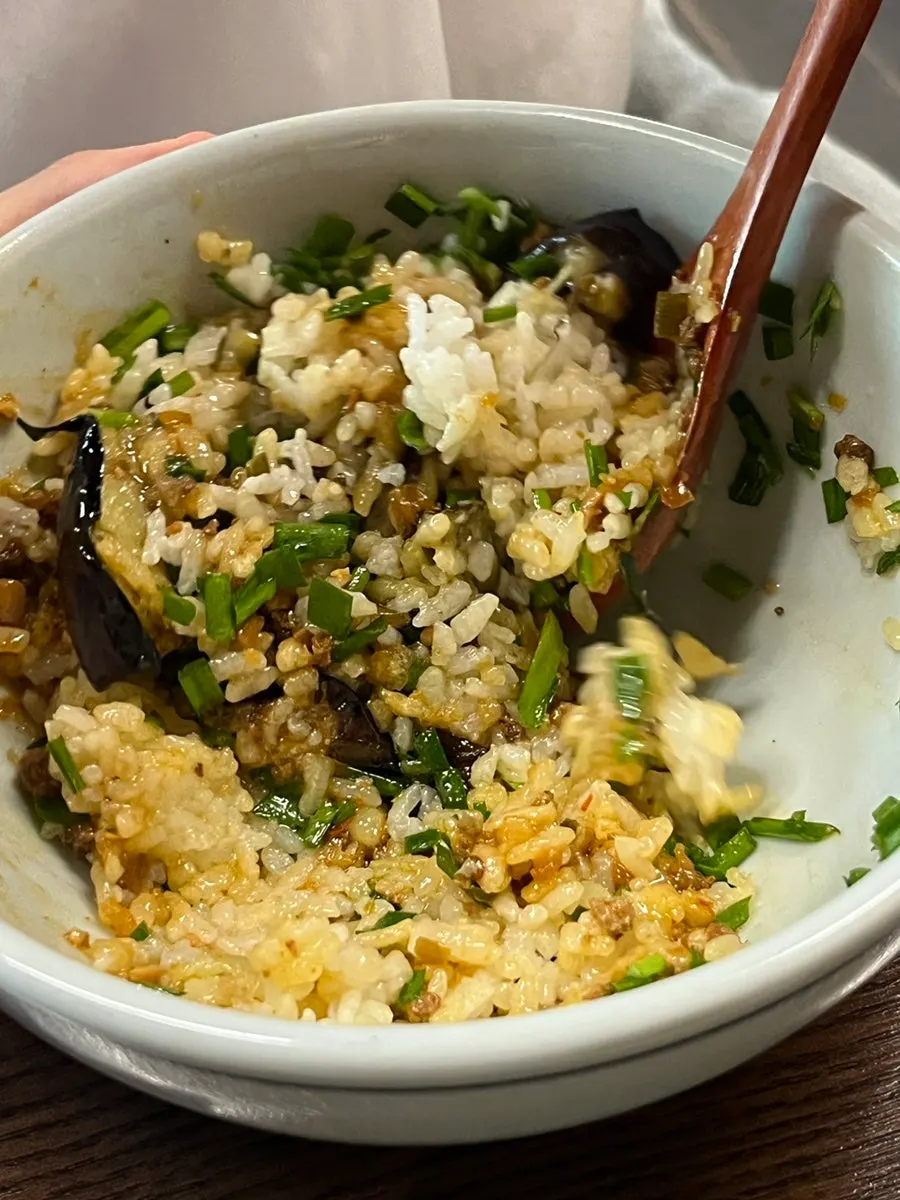 A mixed spoonful of Hyangtaek's eggplant doenjang rice bowl