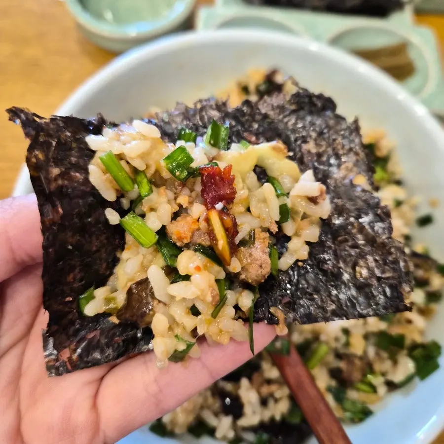 A gim wrap with eggplant doenjang rice bowl and jeotgal