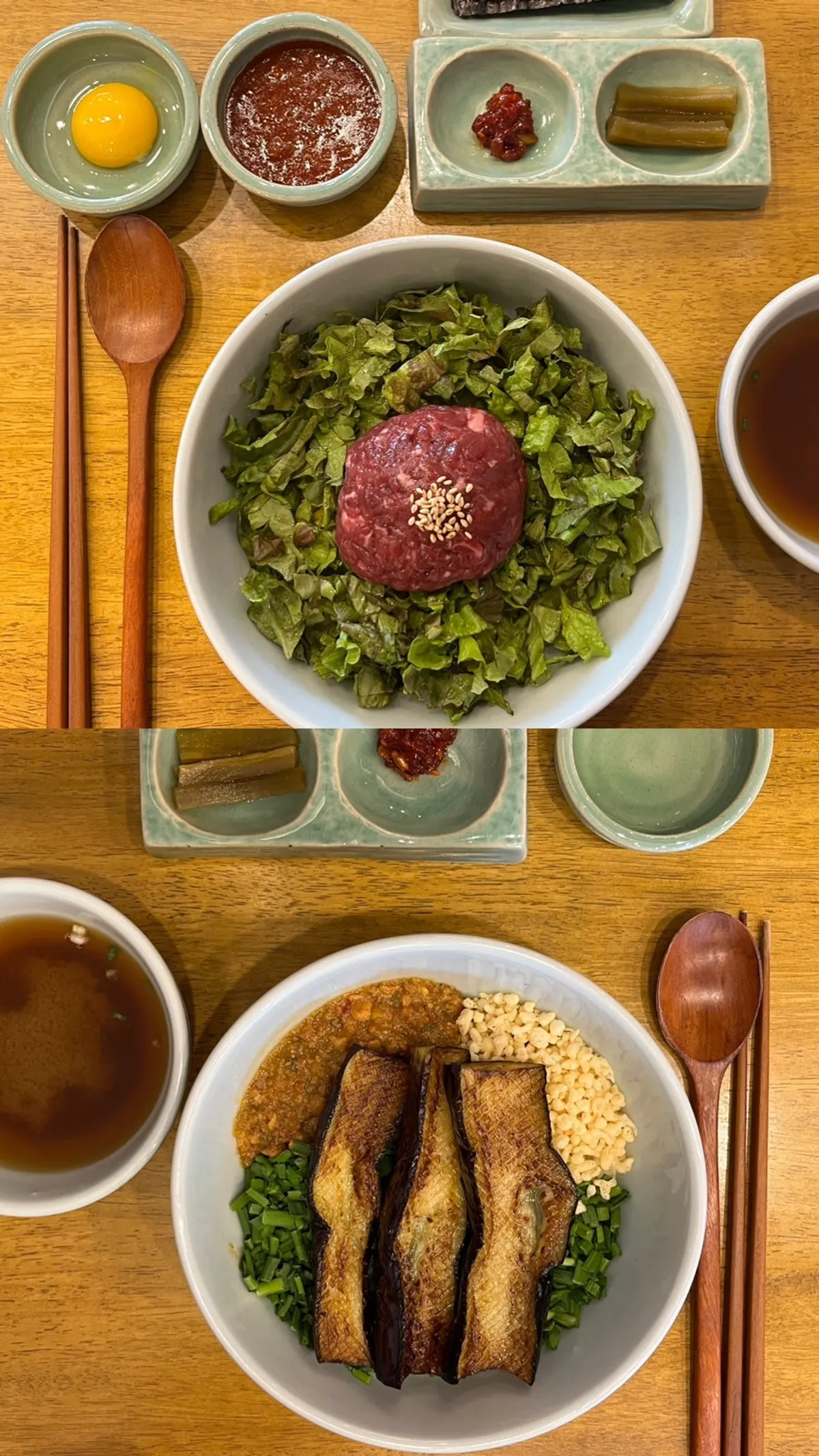 A bite of bibimbap wrapped in gopchang gim