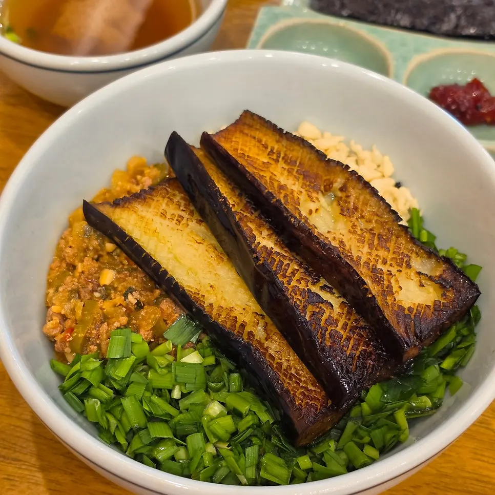 Bowl of mixed eggplant doenjang rice