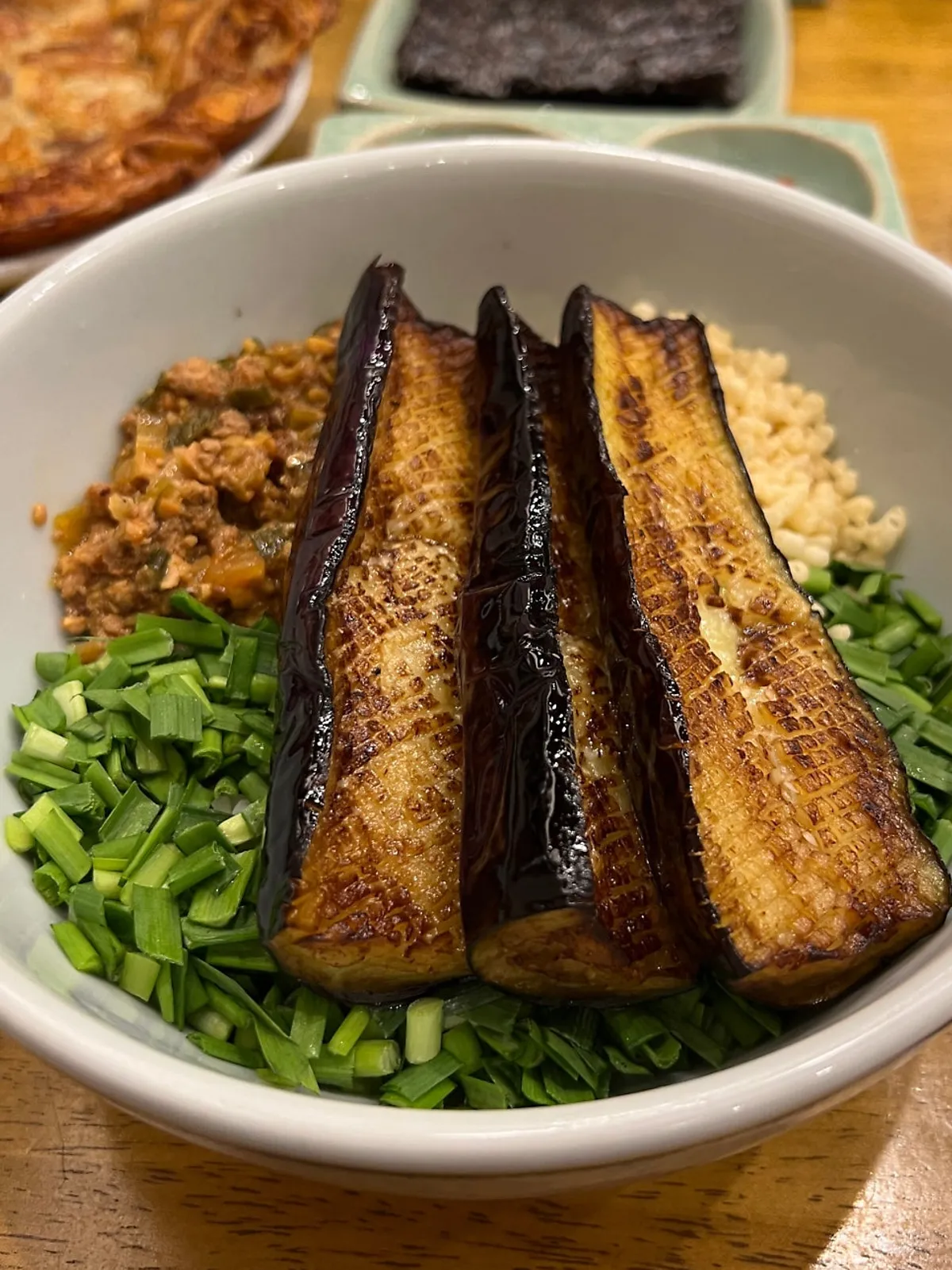 Eggplant torn apart and mixed into rice in the eggplant doenjang bowl