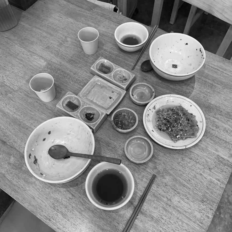 Finishing the Korean meal spread at Hyangtaek Jeonpo Branch