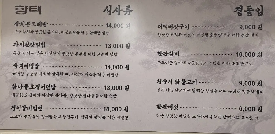 The menu board at Hyangtaek Seongseo Keimyung University Branch