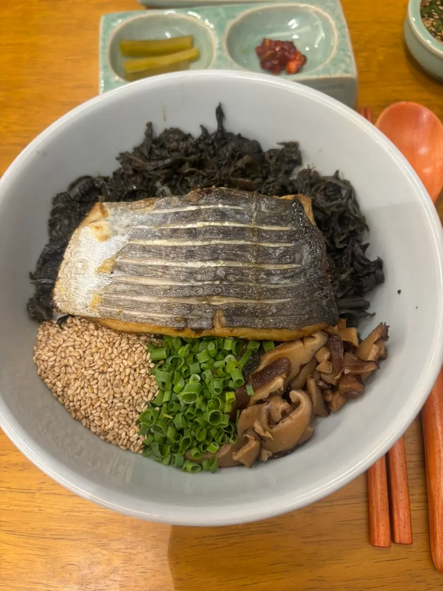 Table set with mackerel gondre rice and eggplant doenjang rice bowl