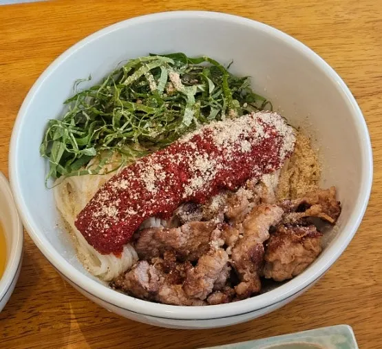 Herring roe bibim noodles piled high with red roe