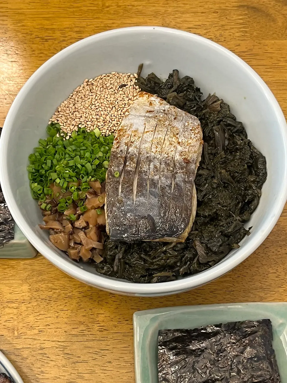 Full spread of mackerel gondre rice