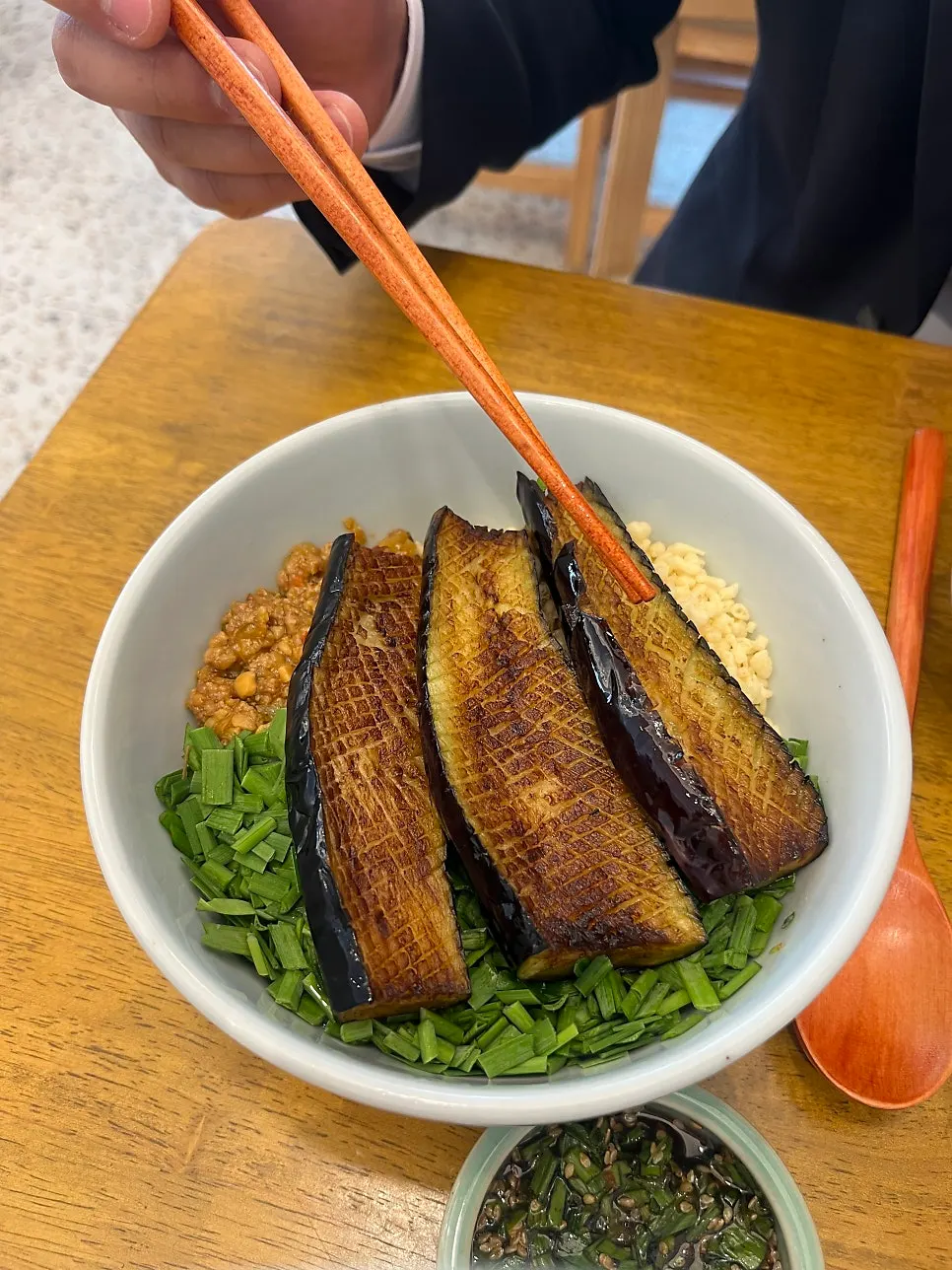 Full spread of eggplant doenjang rice bowl
