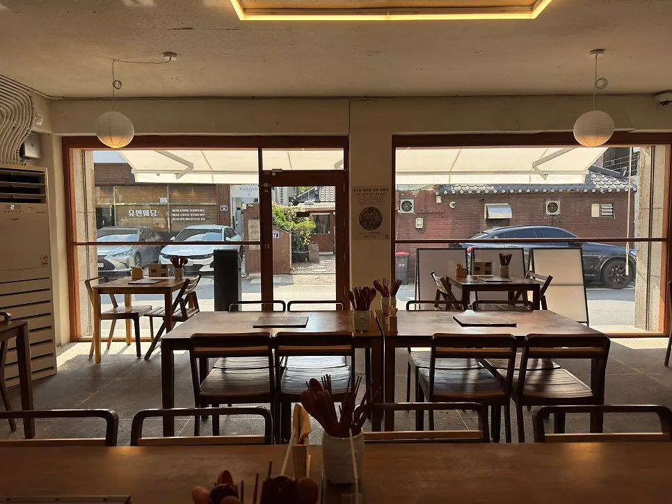 Interior with matching wooden tables and chairs