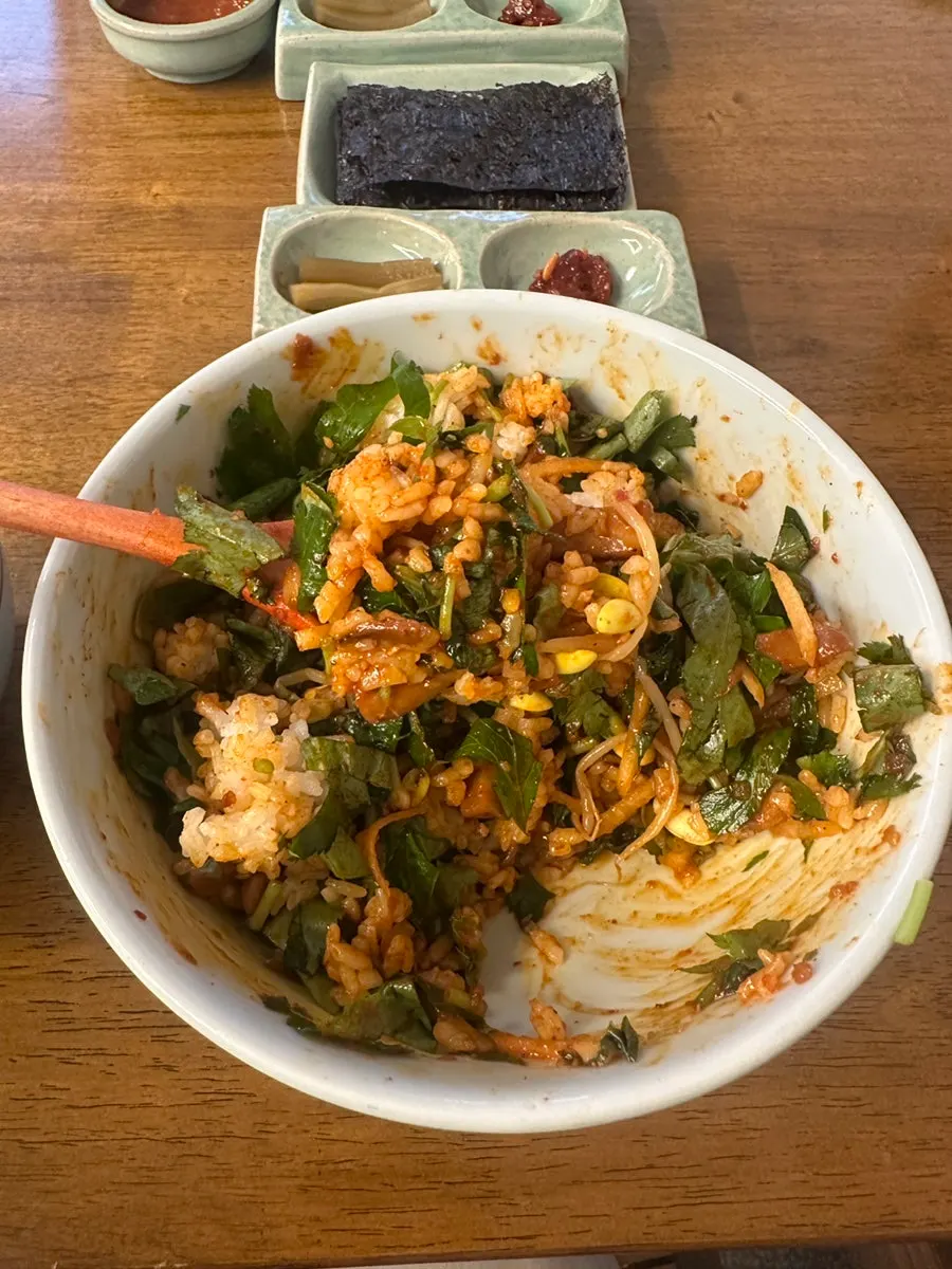 Chamnamul squid rice bowl mixed with bean sprouts