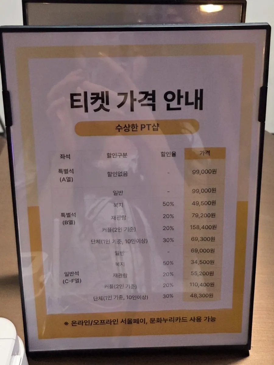 Ticket price guide by seat grade for Suspicious PT Shop