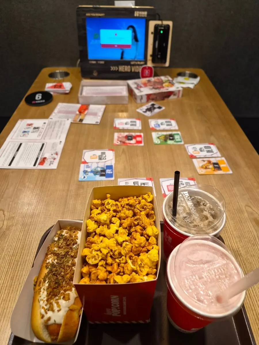 Ordered hot dogs, popcorn, and drinks