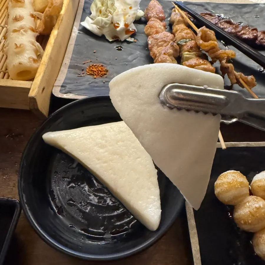 Close-up of chewy chicken heart skewer