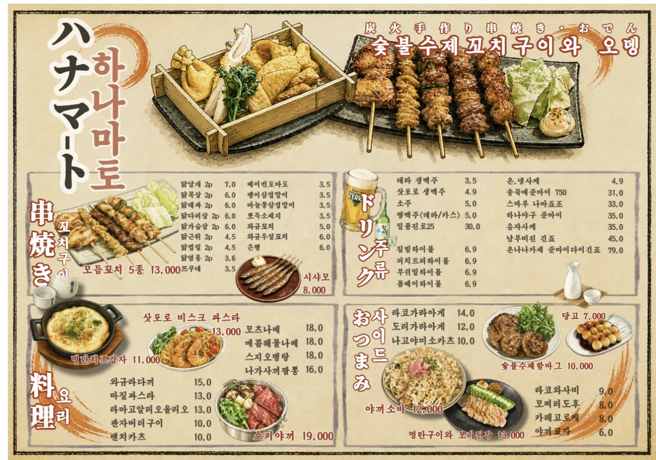 Hanamato menu board listing yakitori and oden