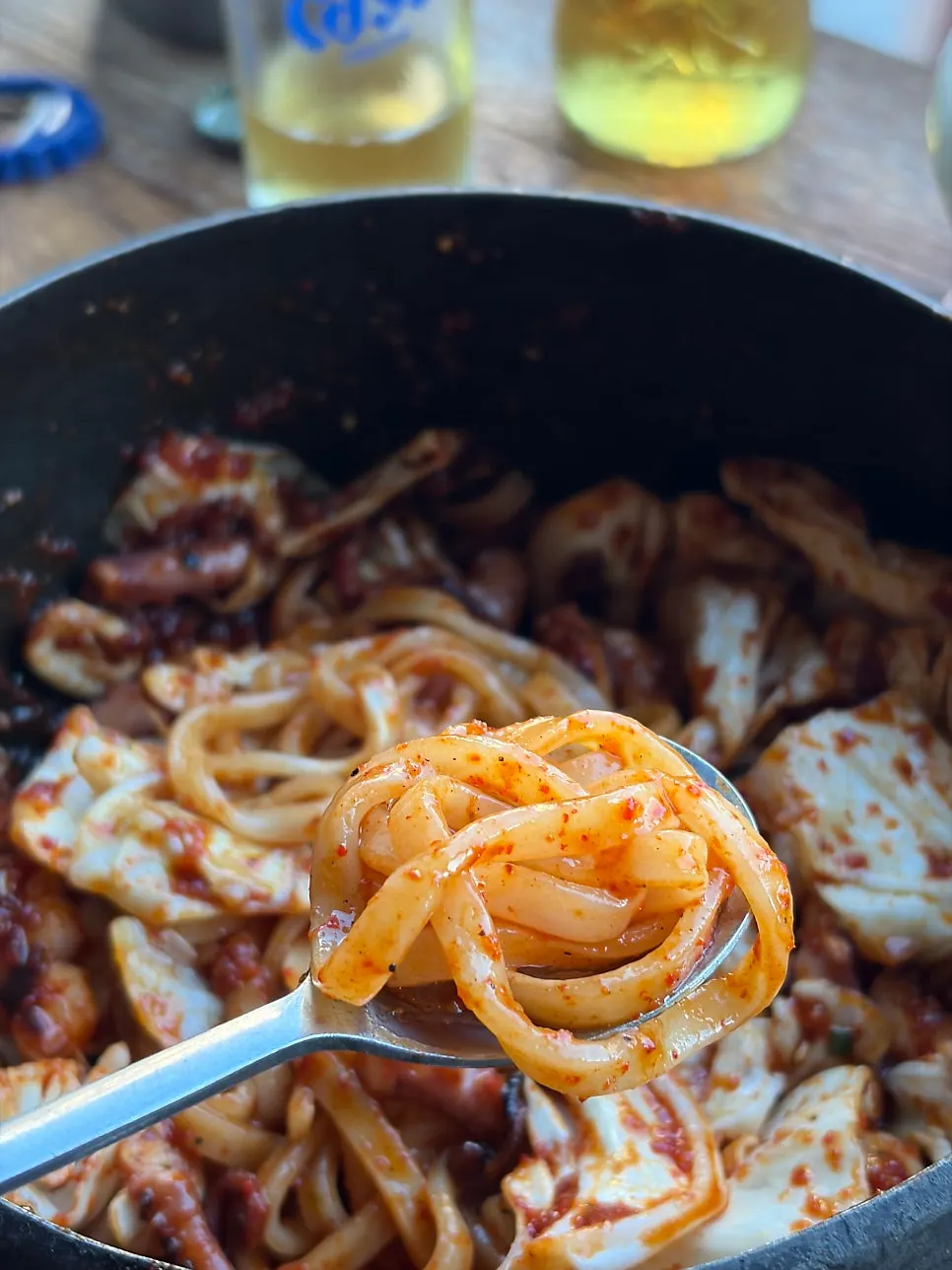 Knife-cut noodles mixed with the spicy sauce