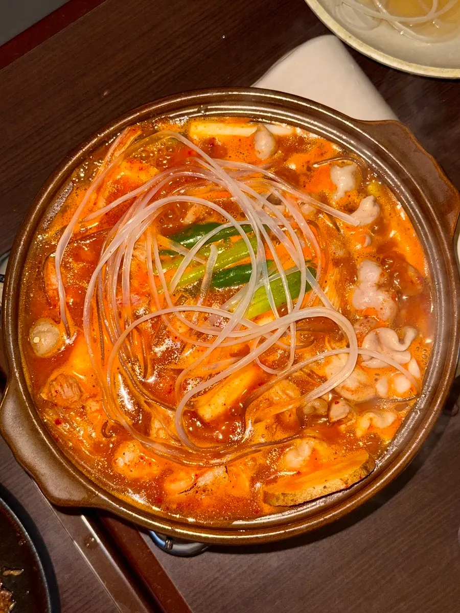 Rice cake gopchang stew with added glass noodles