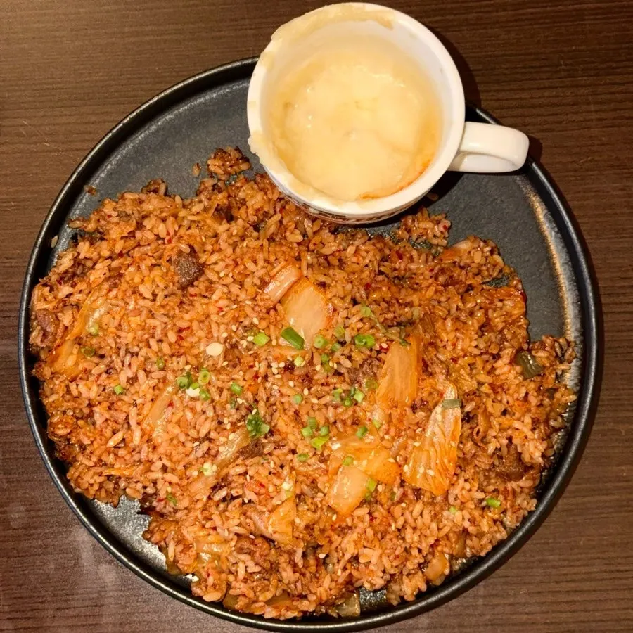 A full serving of cheese bomb beef brisket kimchi fried rice