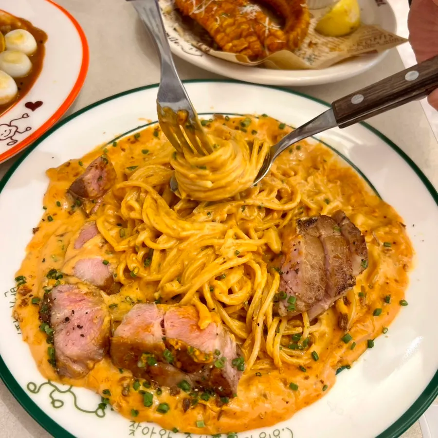 Gochujang butter pasta with sous-vide pork neck
