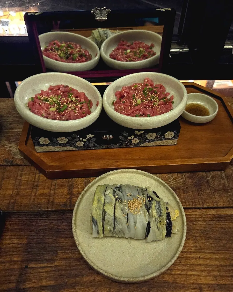 Top-grade chilled beef tartare placed atop the aged-kimchi egg kimbap