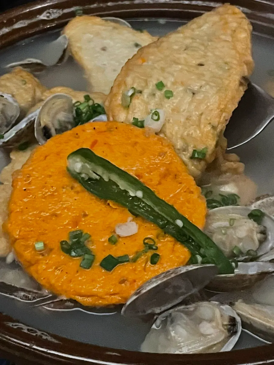 Cool and spicy fish cake stew with chopped hot peppers